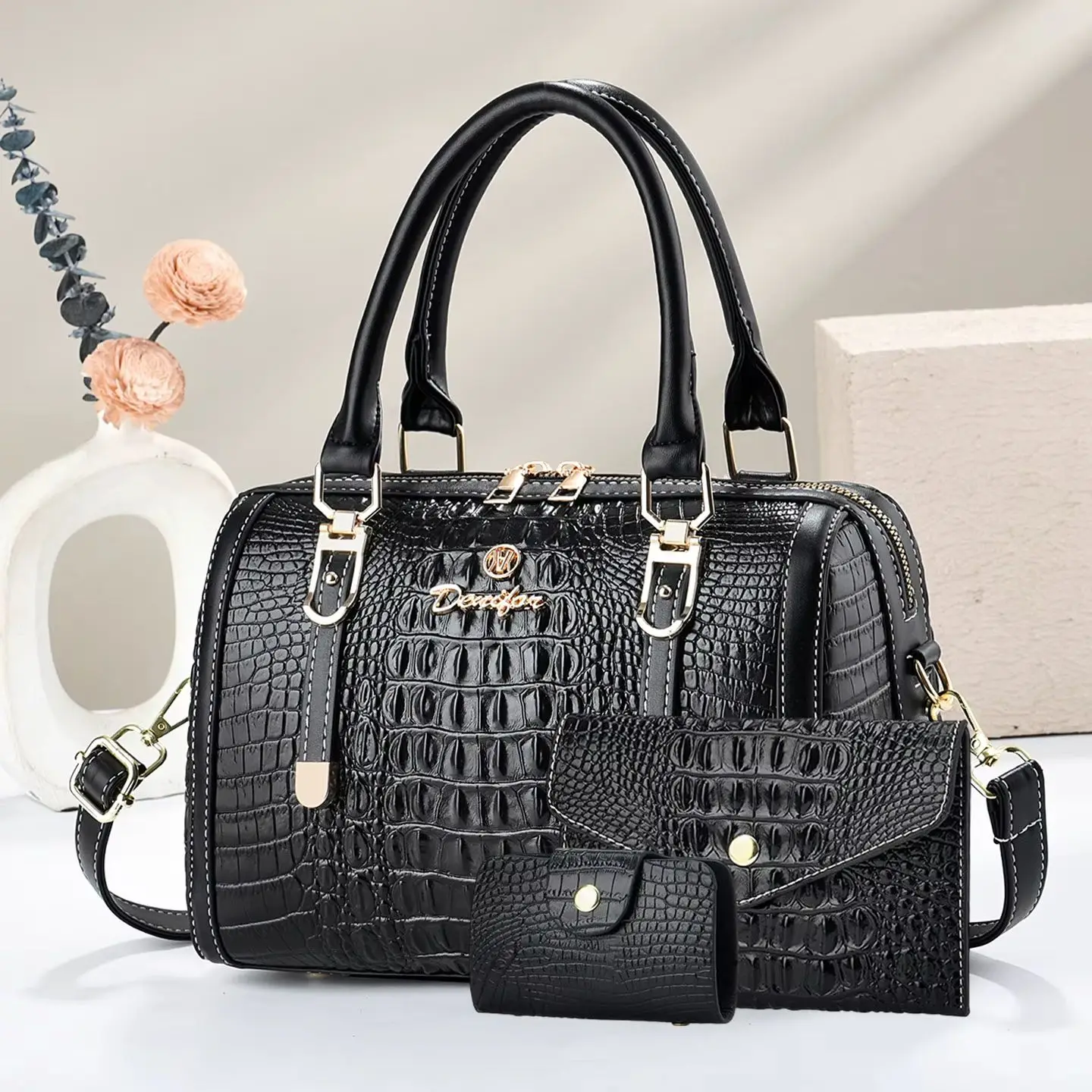 High-quality crocodile pattern women's handbag, 3-piece Boston lady bag set, solid color large-capacity tote bag