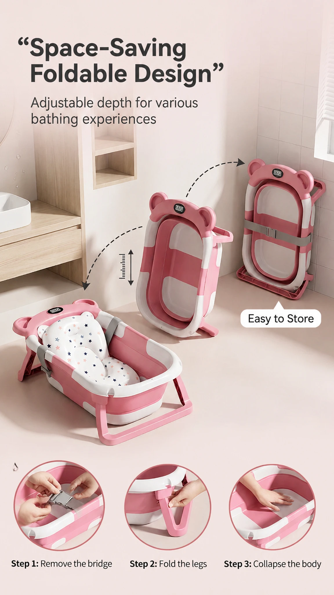 UBRAVOO Foldable Baby Bathtub Set With Detachable Parts And Temperature Display; Suitable For Newborns And Infants Aged 0 To 36 Months.