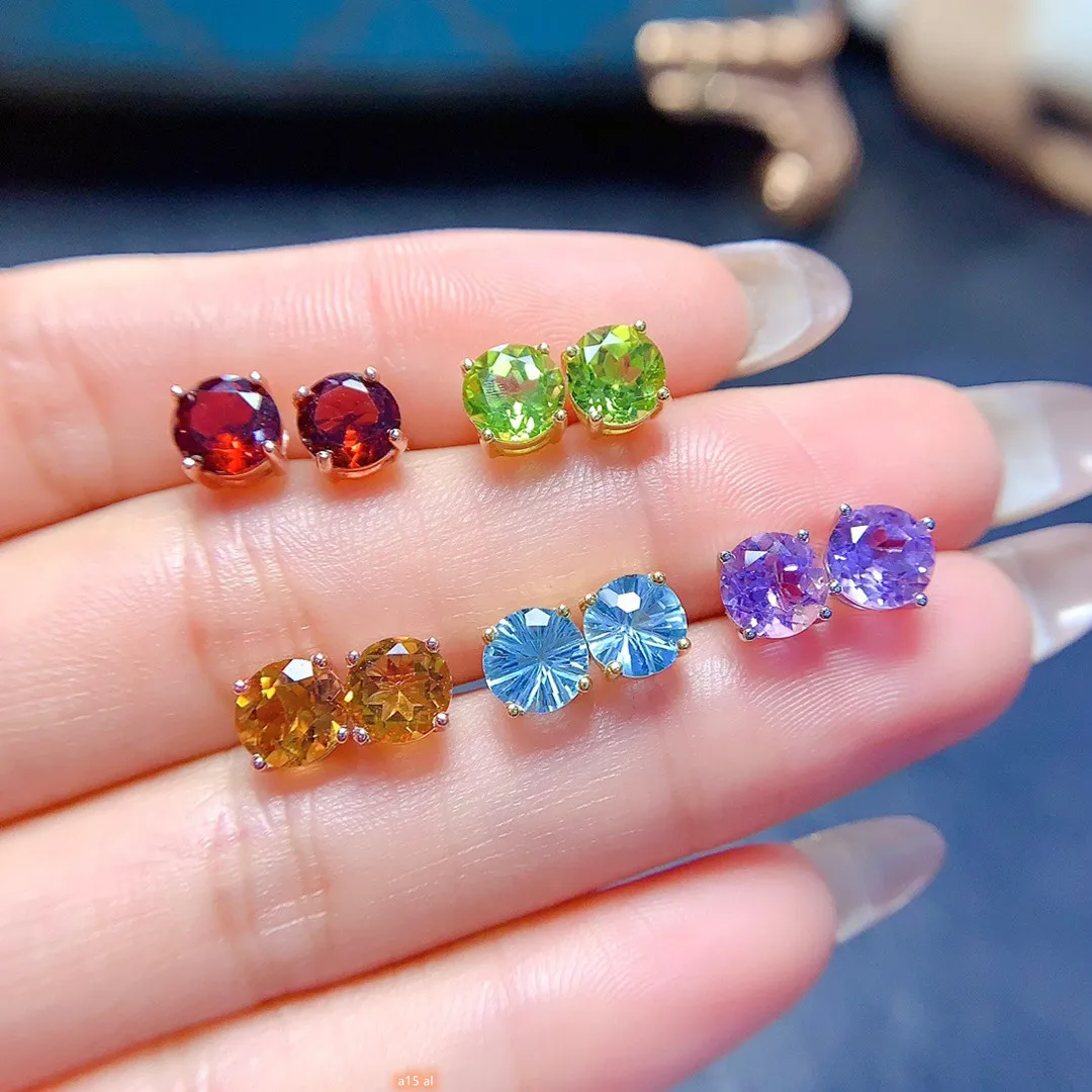 Fine jewelry 925 sterling silver inset natural garnet Topaz amethyst and other 6x6mm girls mini stud to send girlfriend New Year