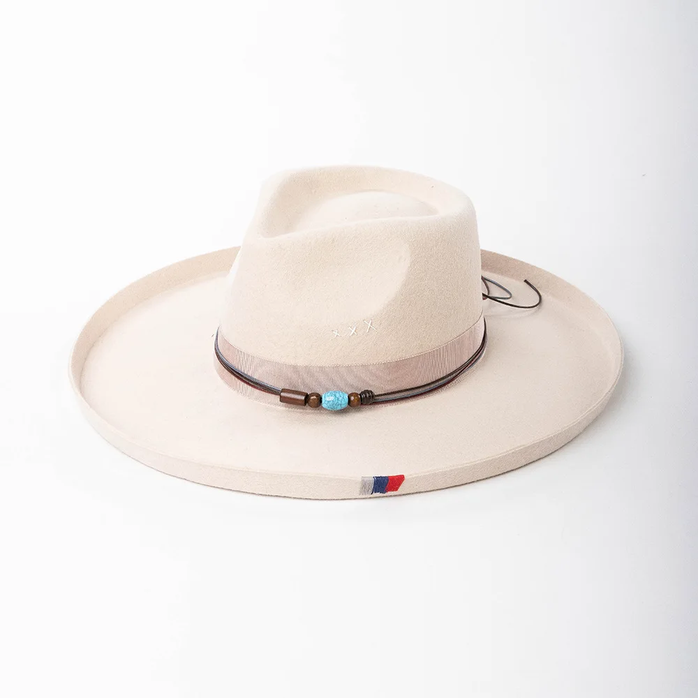 Wool European and American fashion casual hand sewn bead large eave upturned edge wool jazz hat outdoor warm felt top hat