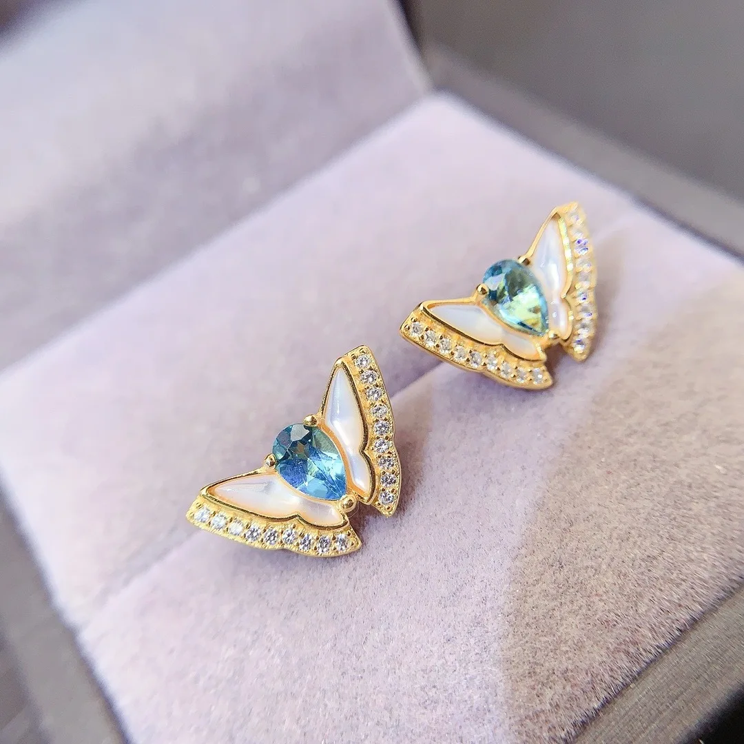 fine Jewelry Women's Earrings 925 Sterling Silver Inset with Natural Swiss Blue Topar 5x7mm Plated 18K Gold Butterfly Fritillion
