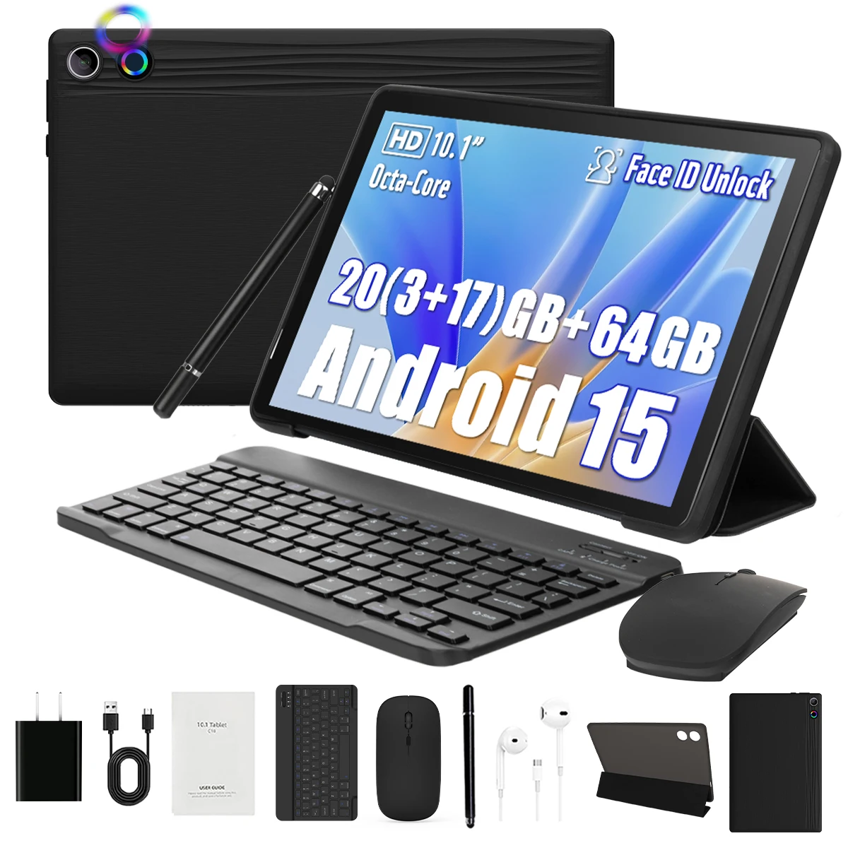 10.1 Inch Android 15 Tablet 8 Core Tablets 20GB+64GB 1TB Expansion WiFi 6 5MP+8MP Stylus Keyboard Mouse Headphone PC PAD Set