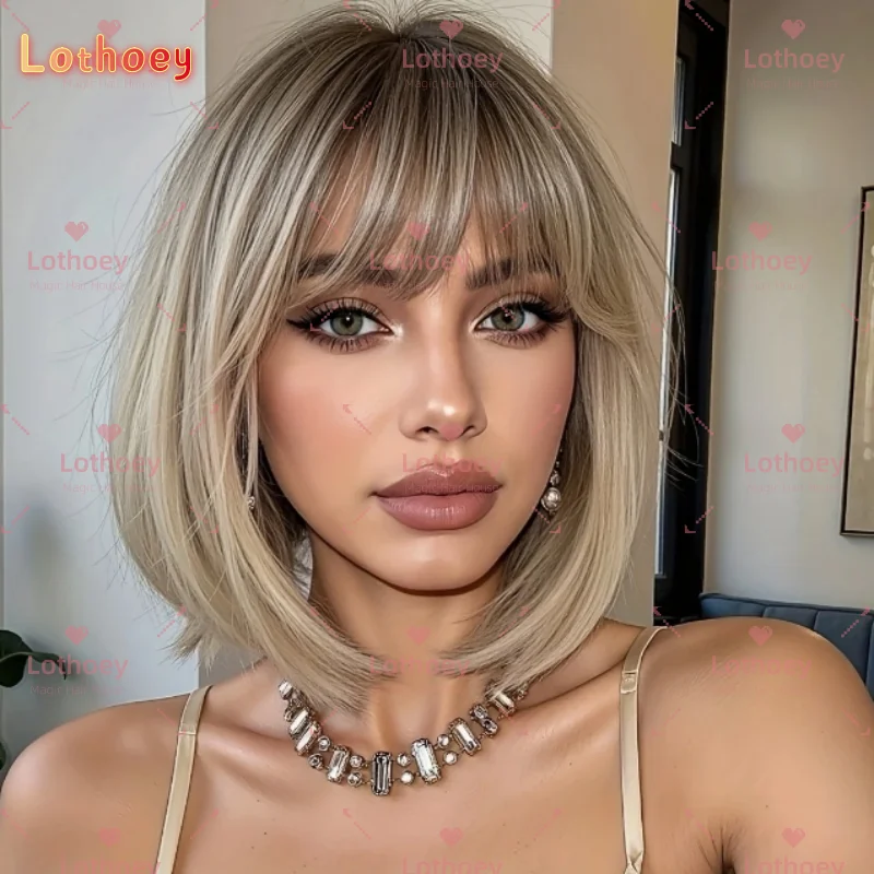 White Golden Short Bob Hair Women's Wig  Suitable for Holiday Gatherings, Parties, Fashionable Daily Outfits Human Hair Wig SALE
