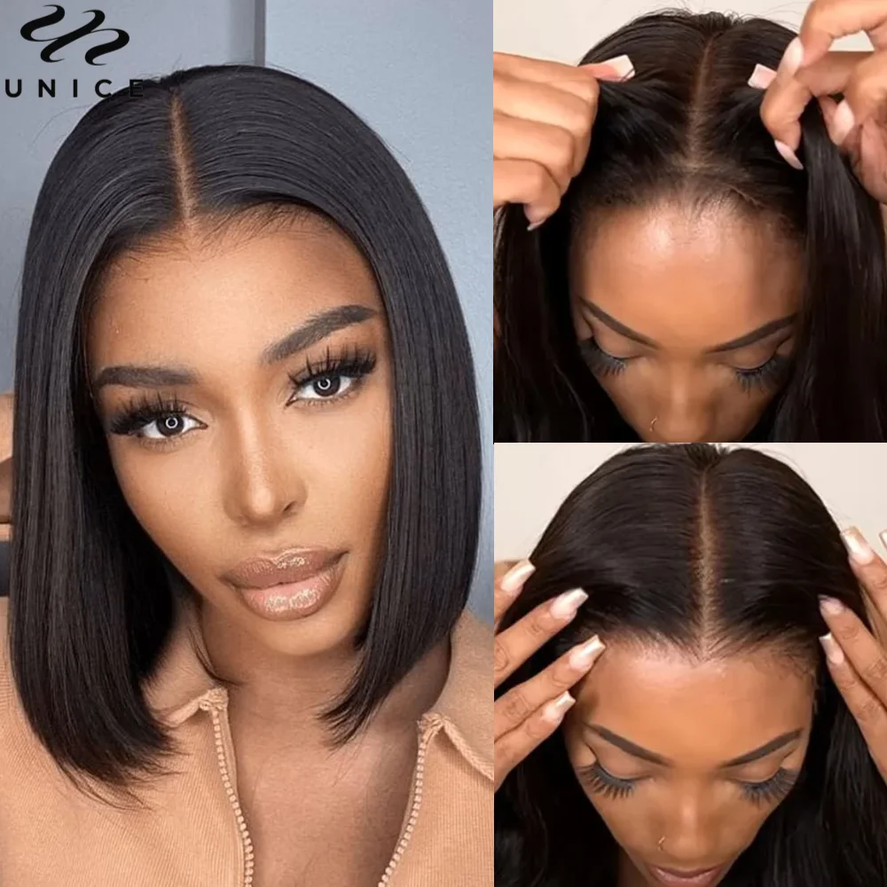 UNice Bye-Bye Slip 7x5 Lace Silk Straight Bob Wig With Drawstring Pre Cut Pre Bleached Glueless Human Hair Wigs 150% Density