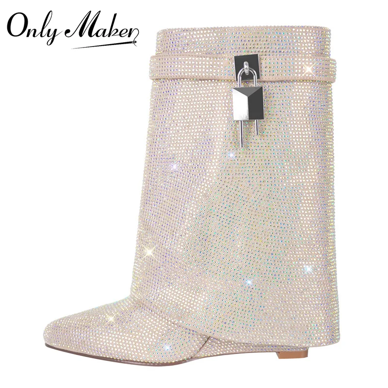 Onlymaker Women Rhinestone Fold Over Lock Shark Skirt Boots Pointed Toe Heel Thick High Heel Female Booties