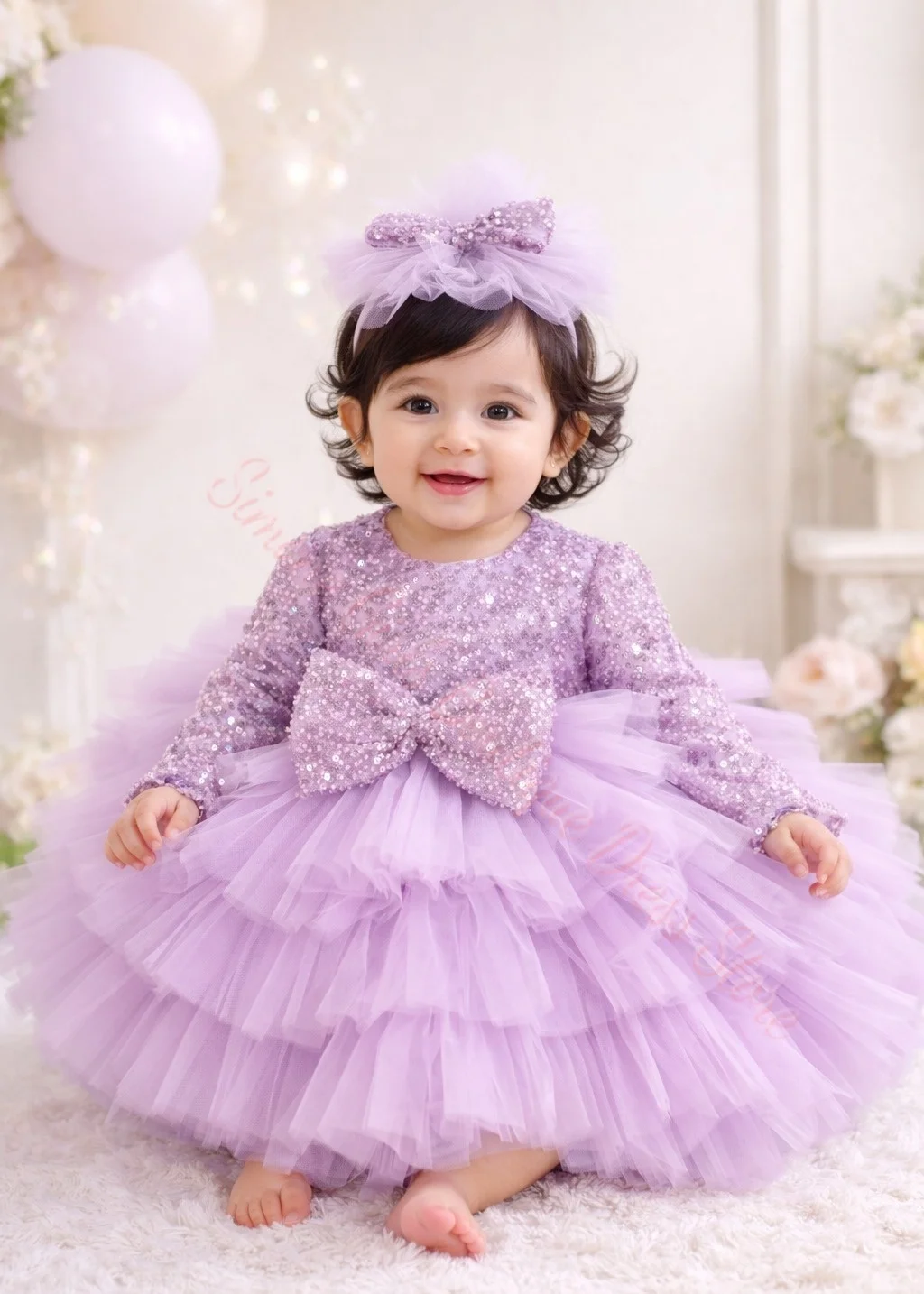 Customized Purple Sequin Flower Girl Dress Tulle Puffy Bow Long Sleeve For Wedding Birthday Party Prom Evening Banquet Ball Gown