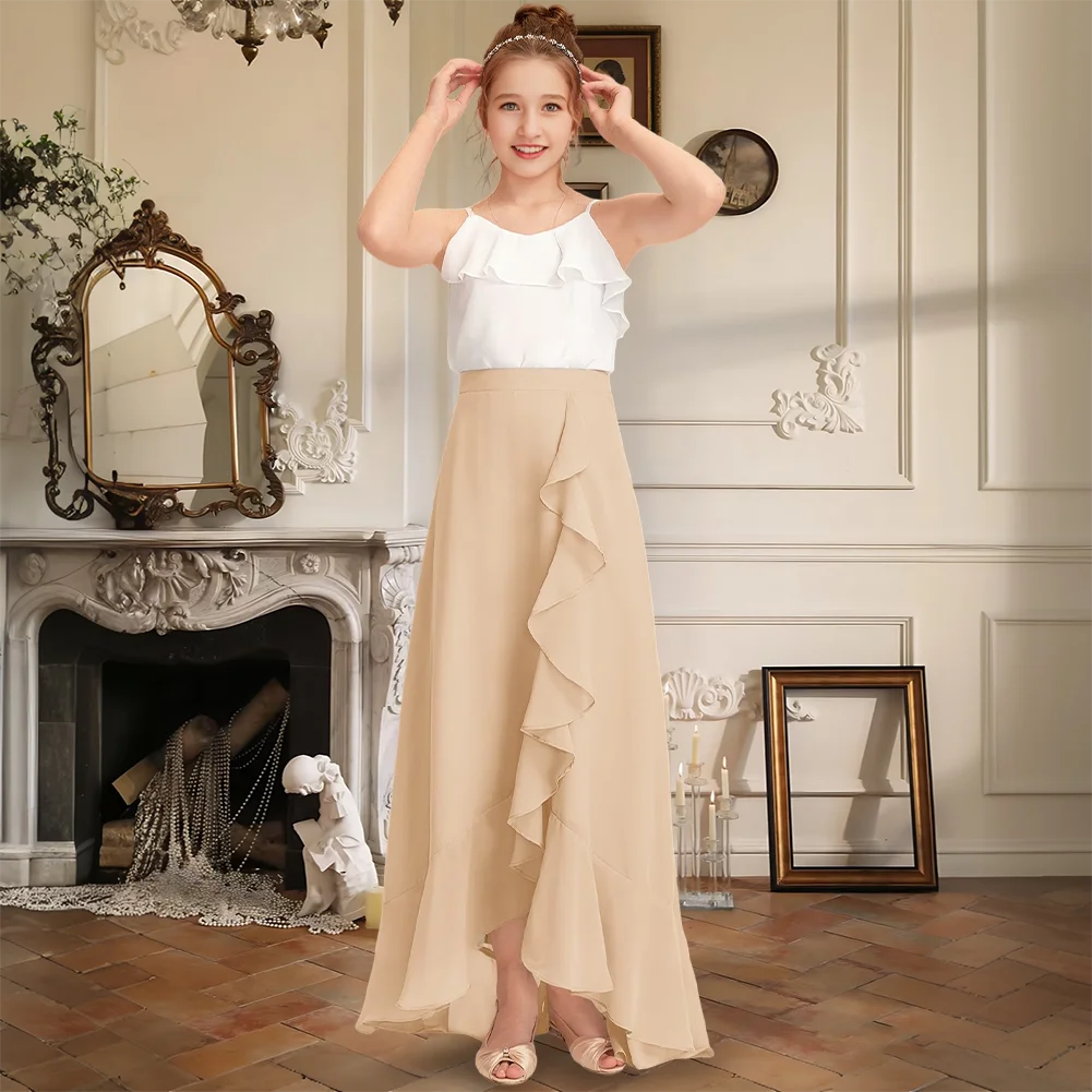 DSF Kids Child Scoop Asymmetrical Chiffon Junior Bridesmaid Dress Cascading Ruffles Party Flower Girl Dress Kids Wedding Formal