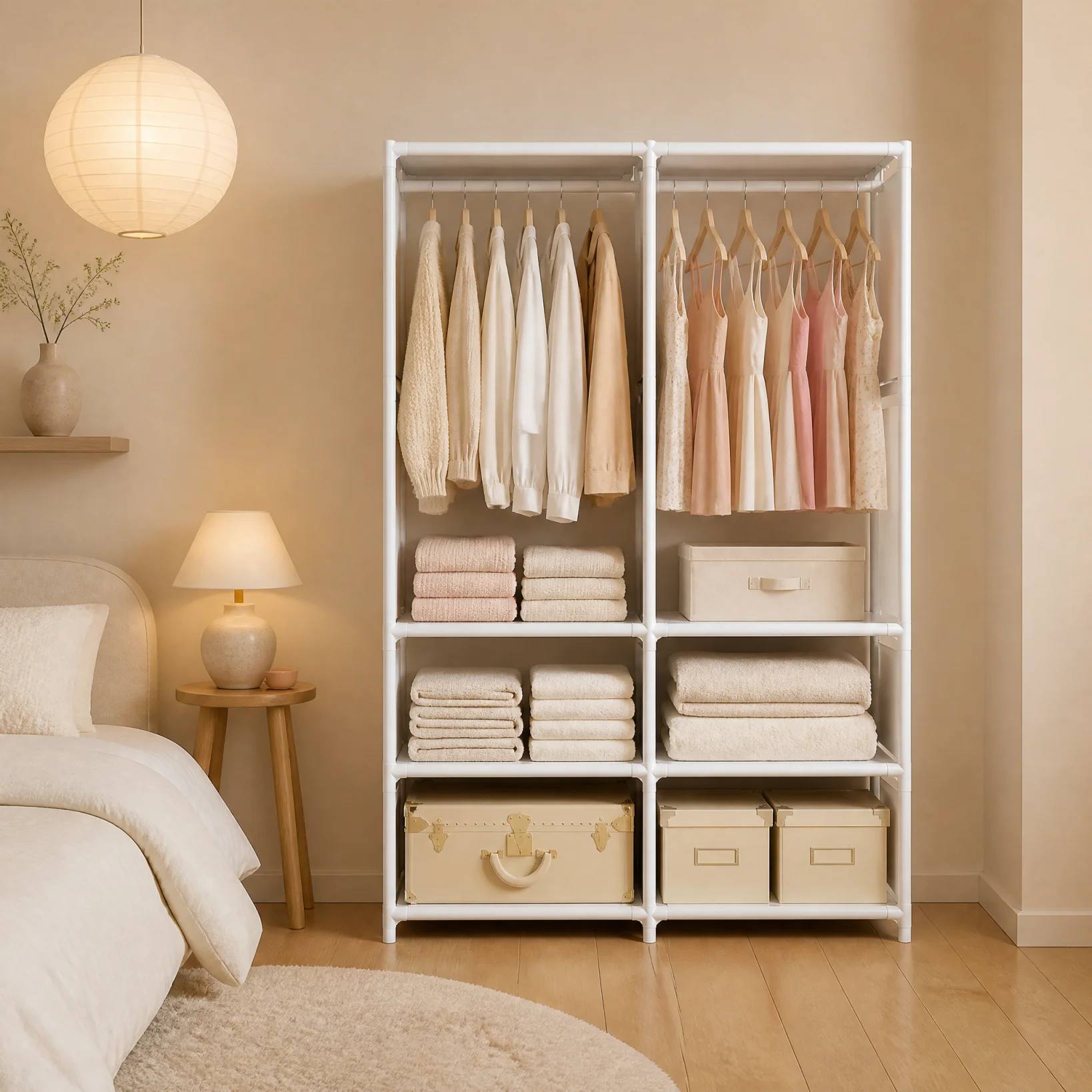 Large Capacity Fabric Wardrobe, 16mm Galvanized Tube DustProof Cover, Hanging & Shelf Storage Open Closet for Home Dorm Use