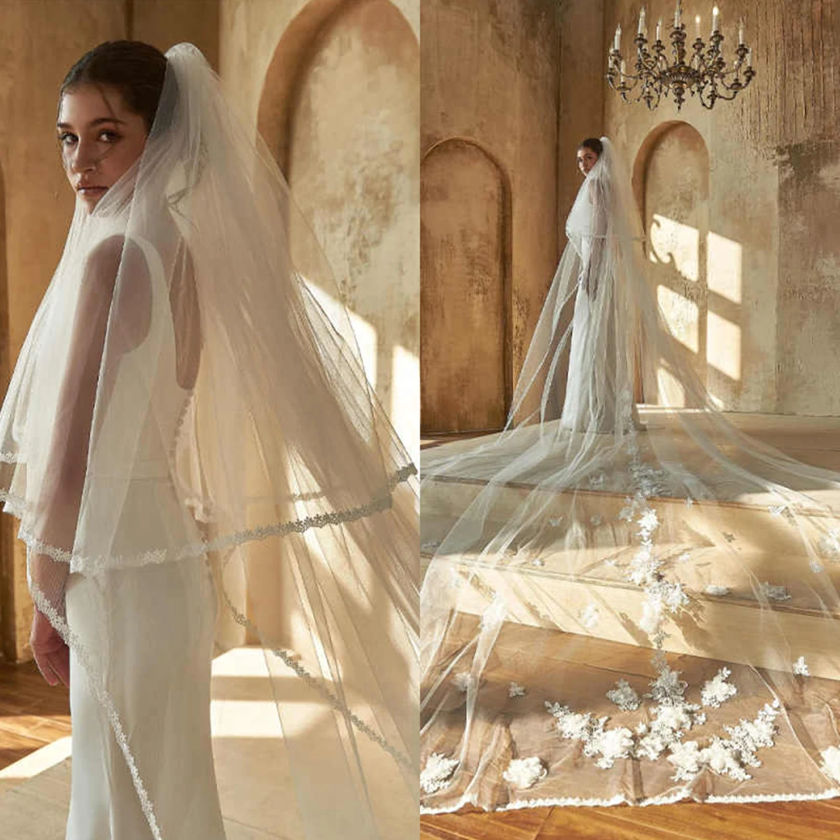 Cathedral Wedding Bridal Veil Soft Lace white Veil with Comb High Quality Wedding Accessories Customized