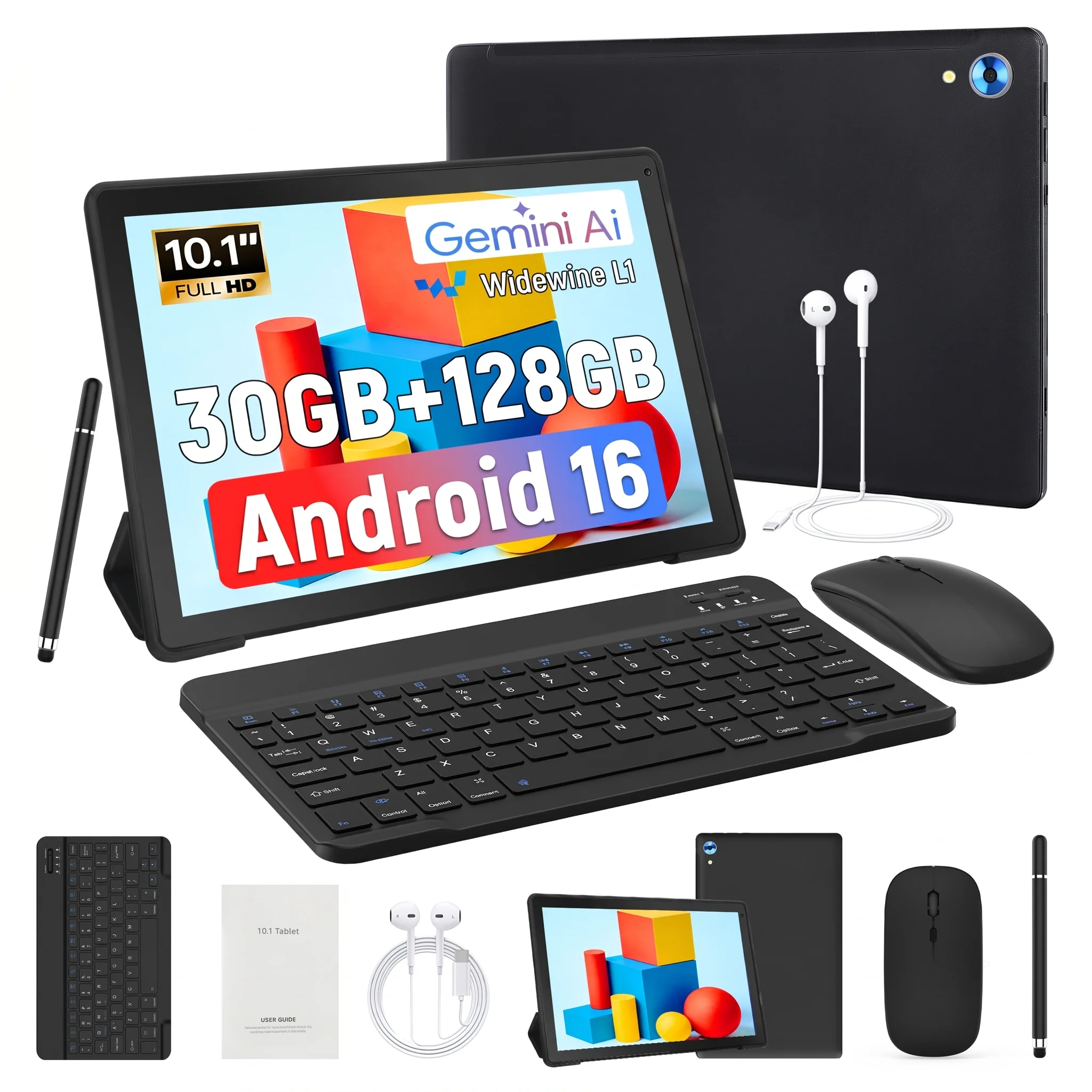 X108 10.1 Inch FullHD Tablet PC Android 16 OctaCore A537 30GB(6+24GB Virtual) 128GB ROM 1TB Expand Widevine L1 Gemini AI Assistant 3D Face Unlock 5MP+8MP Camera Complete Bundle With Keyboard Mouse Stylus Case Earphones Learning Business Tablet US Loca