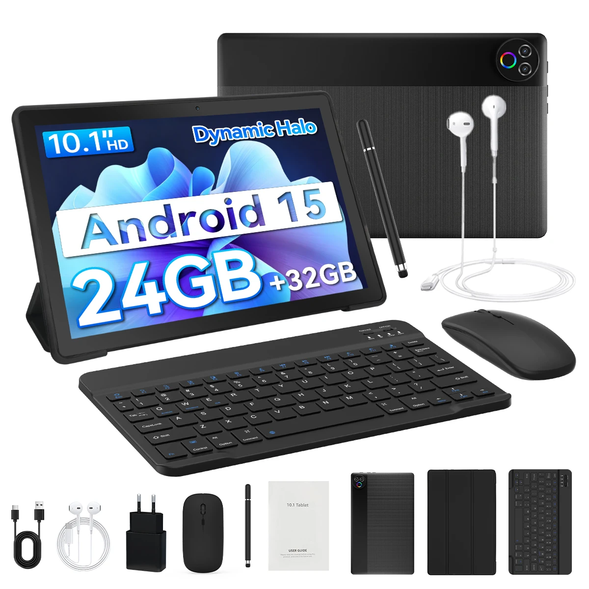 New KB1004L 10.1" IPS Tablet Bundle Android 15 FiveCore Processor 24(3+21)GB Expanded RAM 32GB Storage Keyboard Mouse Stylus Cover Headphones Widevine L1 5000mAh WiFi Tablet US Stock