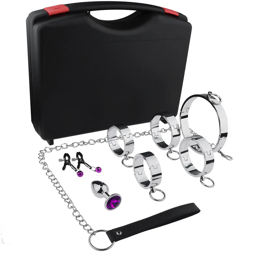 6PCS BDSM Bondage Restraint Kit, Zinc Alloy Metal Cuffs Set with Chain, Adult Role Play Accessories, Storage Case for Couples