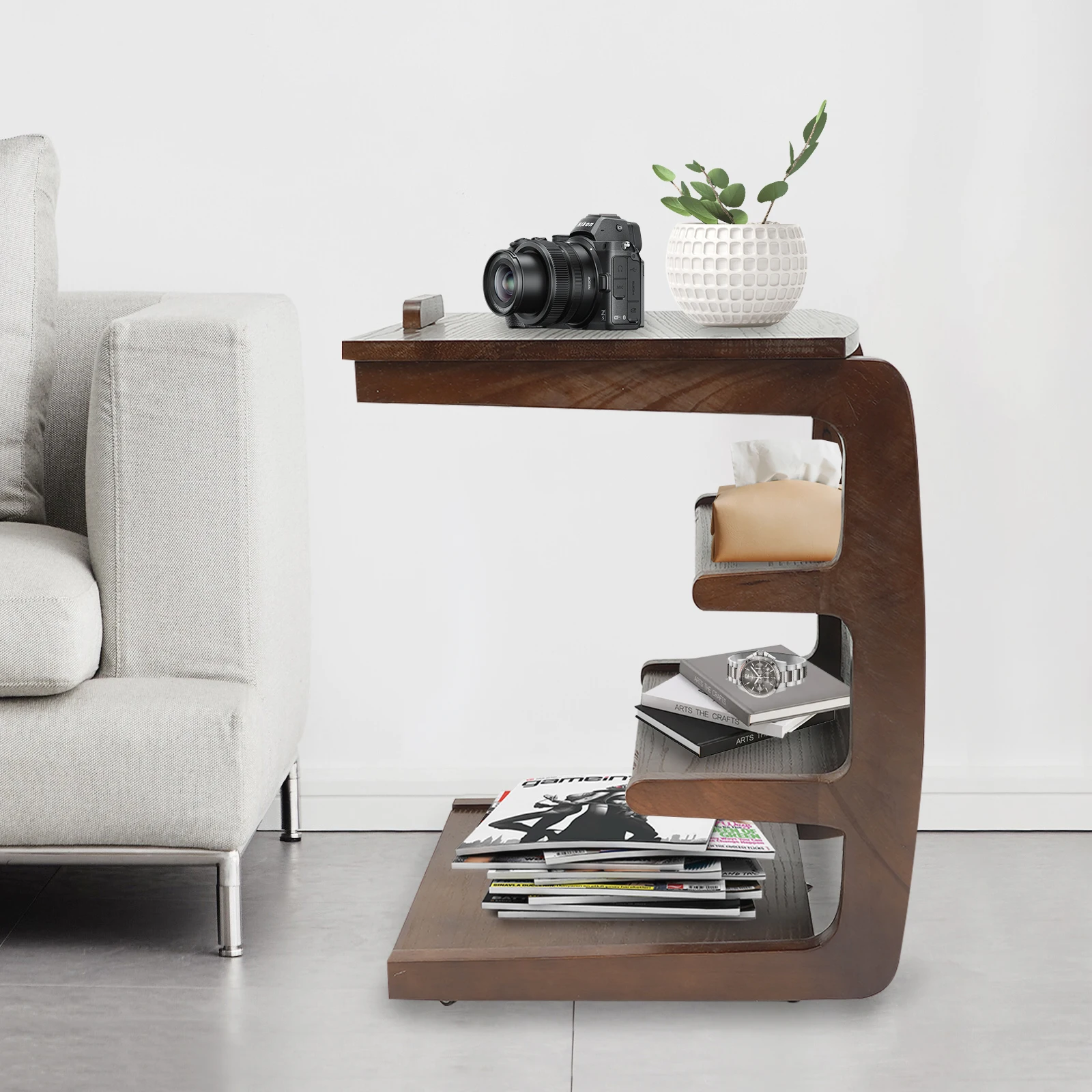 C-Shaped End Table with Adjustable Tabletop, Sofa Side Table, Small 4-Tier End Table with Storage Bag, Wooden Couch Table for Offices, Living Rooms, Bedrooms, Study Room