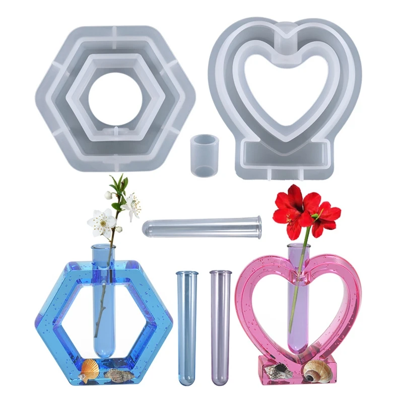 Love Heart Hexagon Flower Pot Hydroponic Cylinder Epoxy Resin Mold Test Tube Bracket Silicone Mould DIY Crafts Decoration Tools