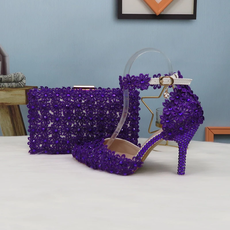Purple Lace Flower Wedding Shoe and Bag Set Crystal Heels Pointed Toe Ankle Strap Ladies Party Shoe with Matching Bag Lace-up