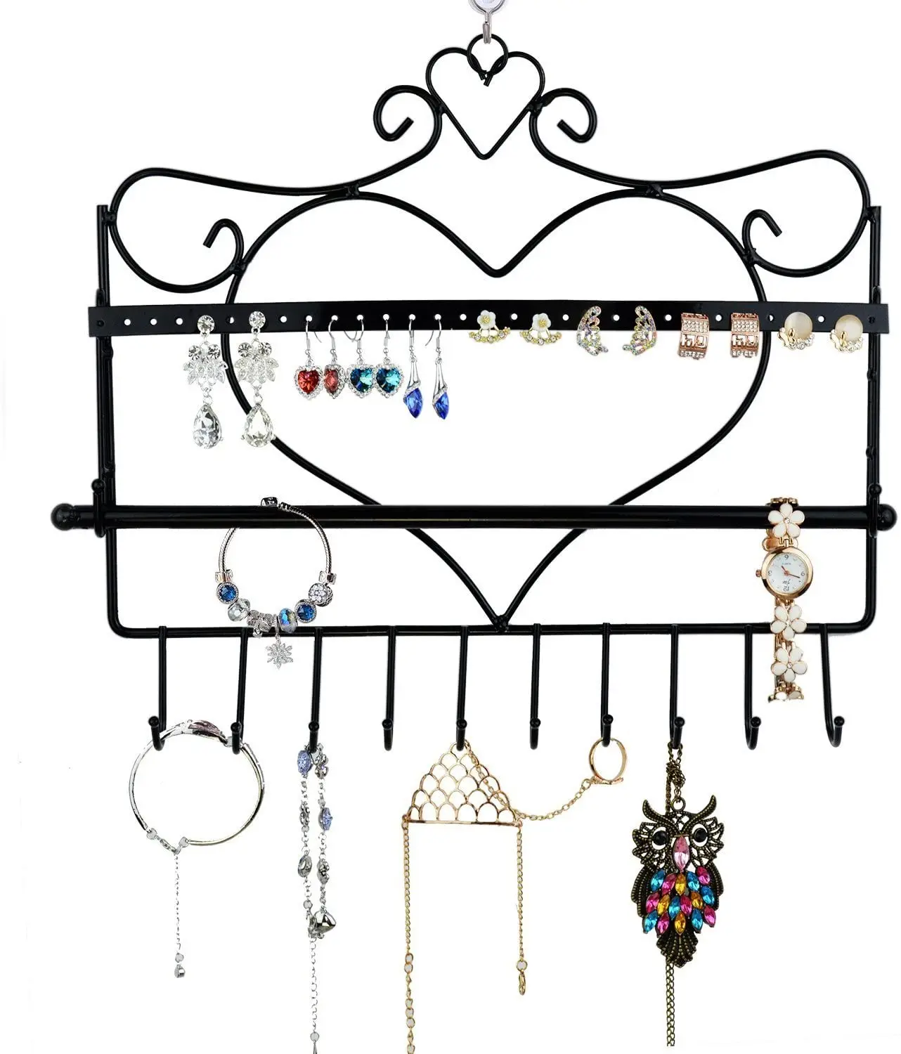 Wall Mount Heart Shape Jewelry Organizer Hanging Earring Holder Necklace Jewelry Display Stand Rack Black