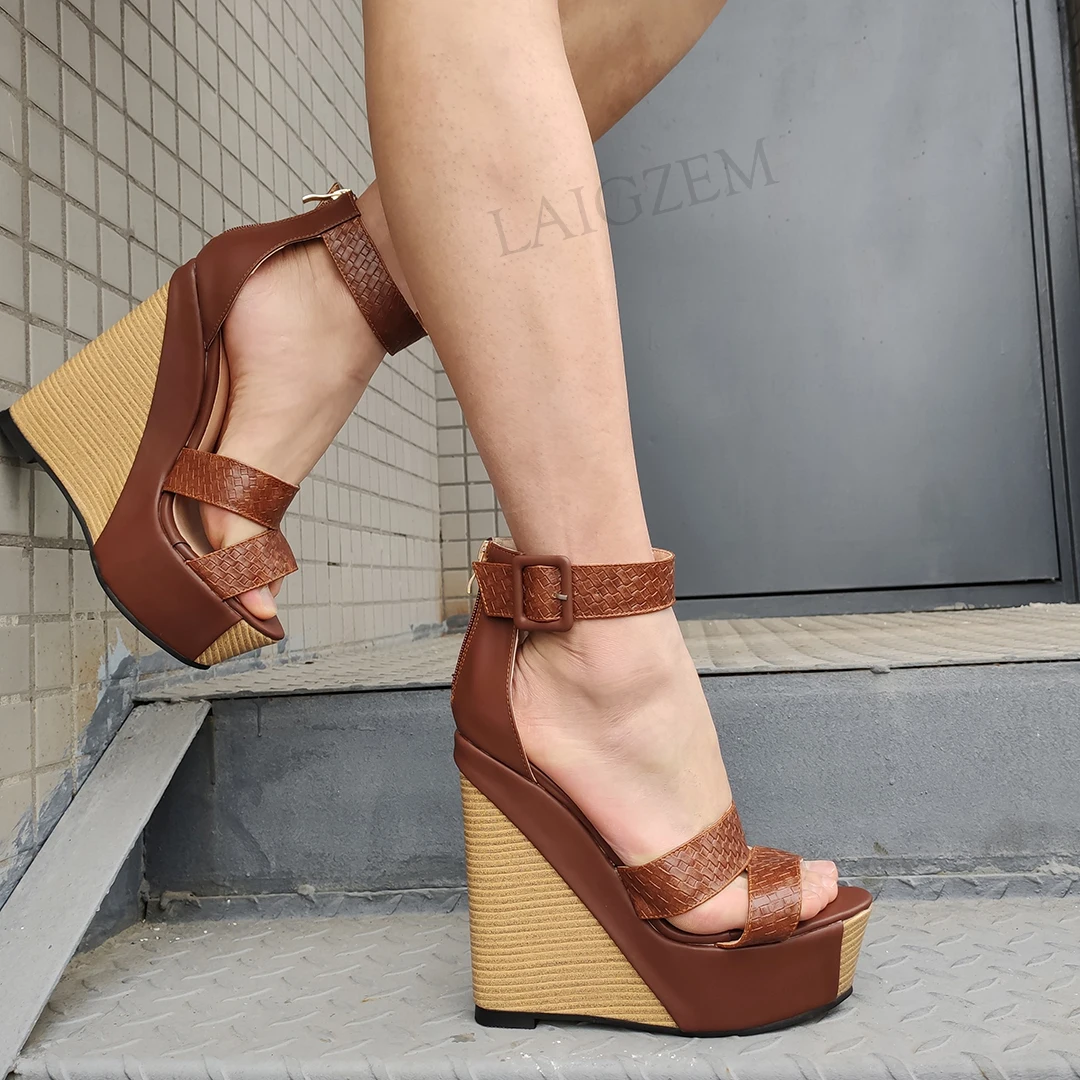 LAIGZEM SUPER Women Platform Wedges Sandals Bukle Strap Zip Up Summer Pumps Brown Shoes Woman Zapatos Mujer Big Size 44 46 50 52