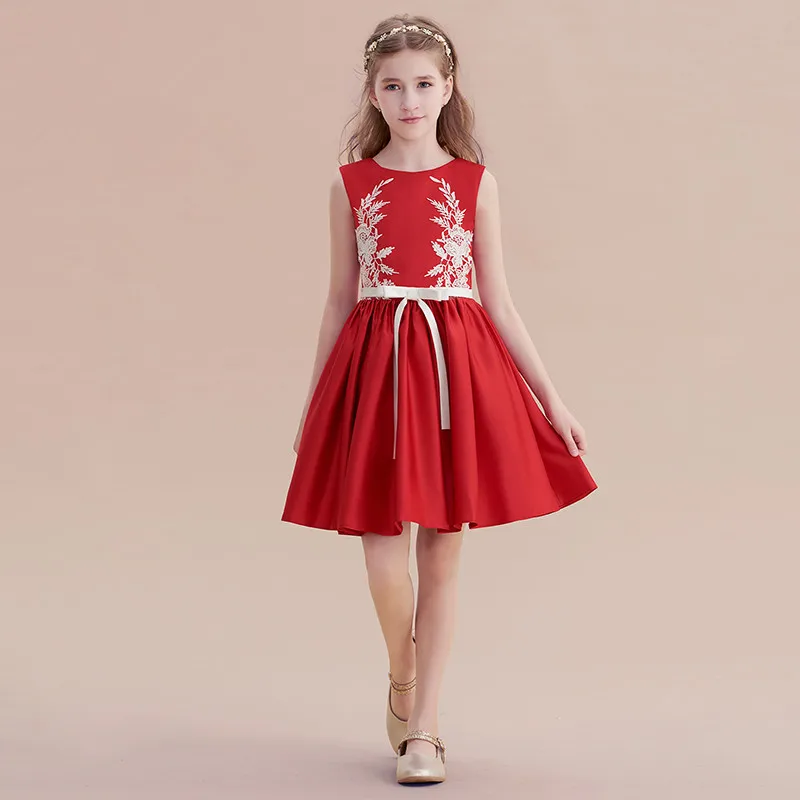 Dideyttawl Customized Satin Applique Flower Girl Dress Formal Evening Birthday Party Gown For Kids Knee Length Junior Concert