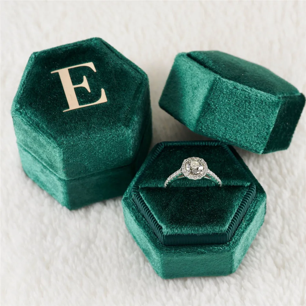 Green Hexagon Velvet Ring Box Custom Single/Double Slot Ring Holder for Bridal Wedding Party Personalized Monogram Ring Box