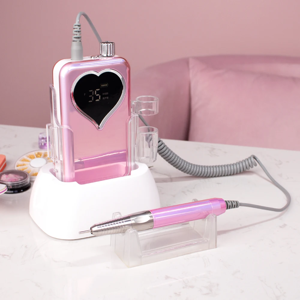 Plating Pink Brushless Nails Handpiece 35000rpm Portable Desktop Cordless Electric Nail Drill Polisher