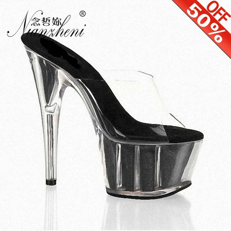 Sweet Elegant Crystal Transparent Slippers 6Inch Thin Stripper Heels Summer 15cm Platform Pink Dress Bridal Pole Dance Shoes New
