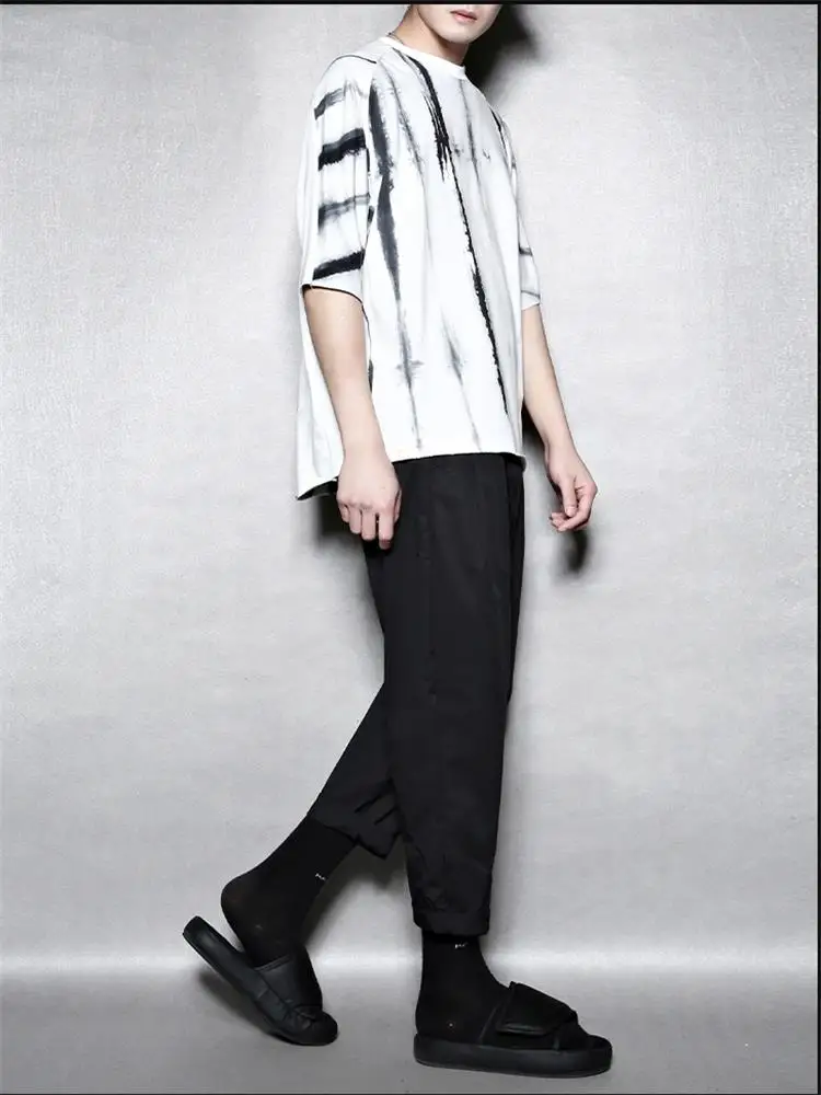 Men's New Classic Contracted Hong Kong Style Is Loose And Invisible Pleated Casual Knight Pants Nine Points Of Pants Male Trend