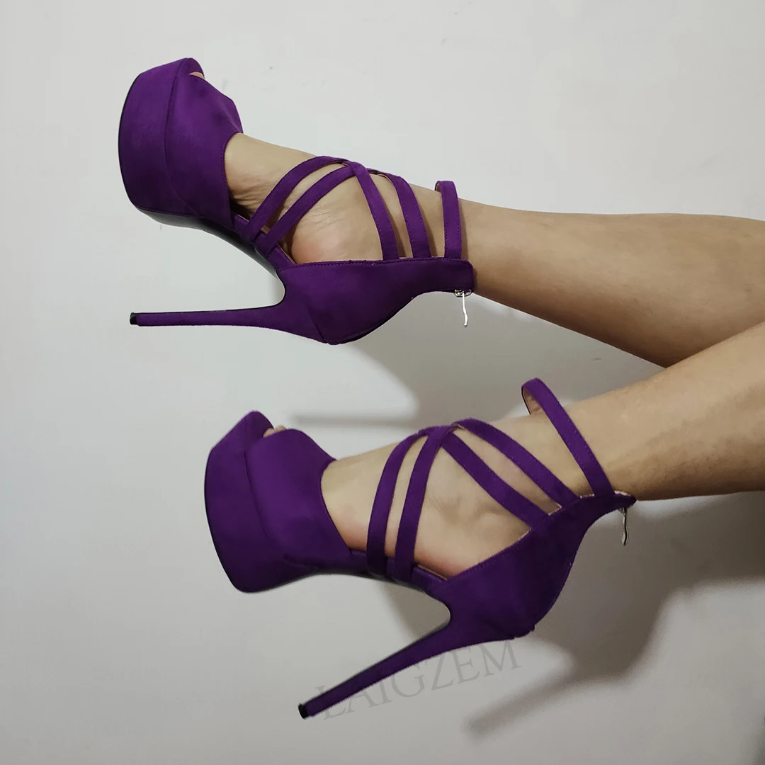LAIGZEM Women Strappy Sandals Platform Peep Toe Pumps Stiletto High Heels Faux Suede Handmade Shoes Woman Big Size 41 44 45 52