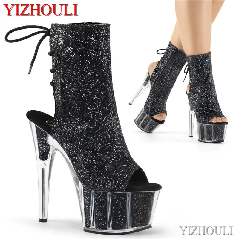 17cm banquet stage ankle boots transparent platform 7 inch stiletto heels, sequined vamp nightclub pole dancing ankle boots