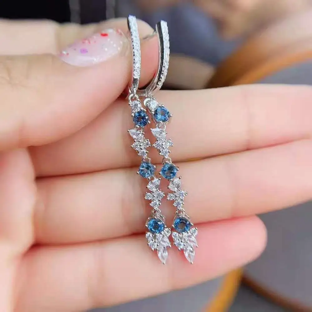 FS 3mm Natural Sapphire/Tourmaline/Blue Topaz S925 Sterling Silver Long Earrings Fine Fashion Weddings Jewelry for Women MeiBaPJ