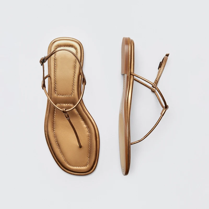 2026 Summer Flip Flops Beach Shoes Woman Gold Leather Clip Toe Roman Sandalias Female Korean Style Flats Sandals Slippers Shoe