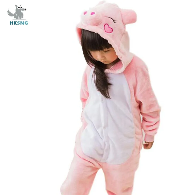 HKSNG Girls Boys Animal Kigurumi Pink Pig Onesie Pajamas High Quality Flannel Cartoon Family Party Costumes Jumpsuits Zipper