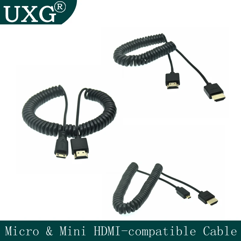 OD 3.0mm Mini HD to HD Coiled Cable HDMI To Micro HDMI-compatible Stretch Spring Curl Flexible Thin Cables 2k 4k Hd @60hz