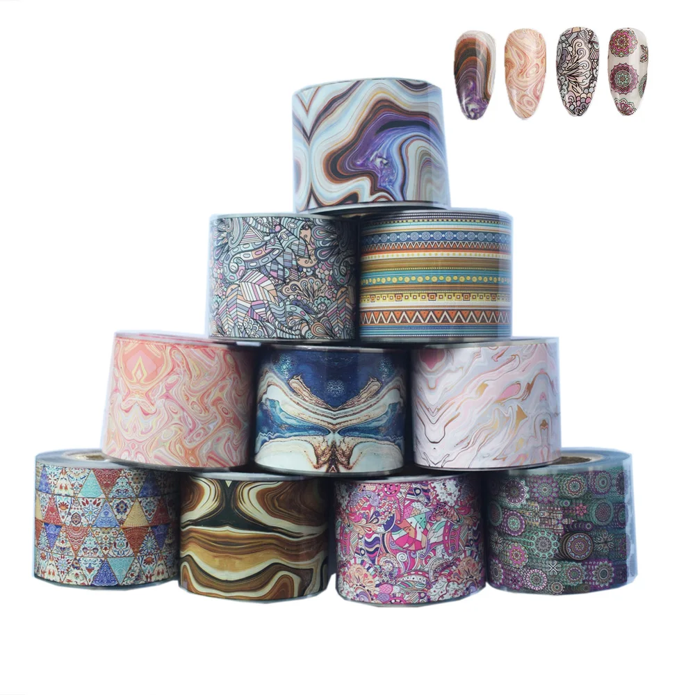10Roll Marble Nail Foils Set Tree Rings Nail Art Transfer Foil 4cm*50m Bohemia Flowers Sticker Decals Nail Art Accessories