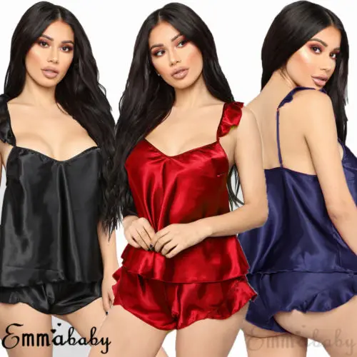 Women Satin Silk Lace Sleepwear Babydoll Lingerie Nightwear Shorts Pyjamas Set