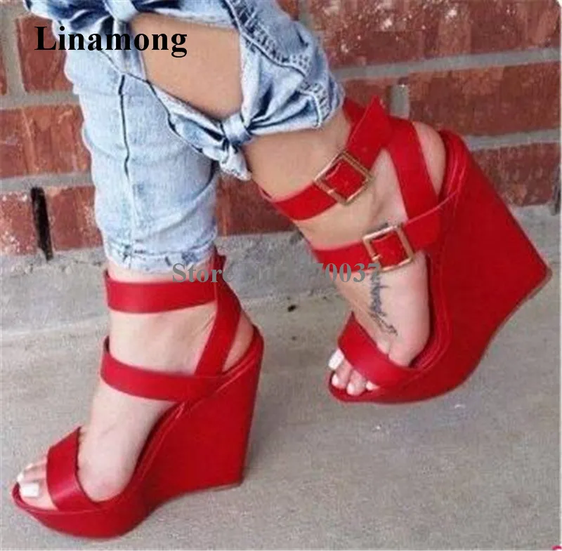 Women Fashion Design Open Toe Red Leather High Platform Wedge Sandals Ankle Buckle Straps Height Increased Sandals Club Shoes