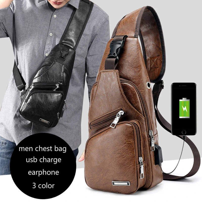 2026 New Men Back Pack Chest Pack Single Shouler Rucksack England Chest Bag Shoulder Cross Body PU Leather External USB Charger