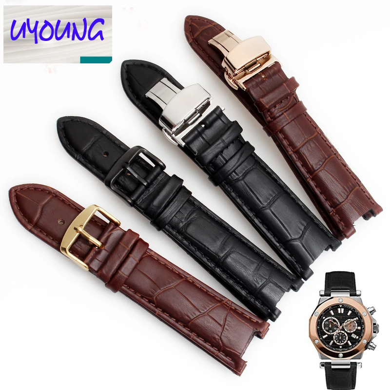 UYOUNG Black 20*11mm and 22*13mm High quality Genuine leather watchband cowhide Watch strap stainless steel butterfly buckle