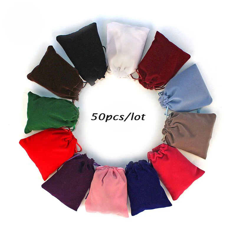 50Pcs/lot 5x7cm 7x9cm 8x10cm 9x12cm Coloful Velvet Bag Jewelry Packing Velvet Drawstring Pouches Gift Bags Can Customized