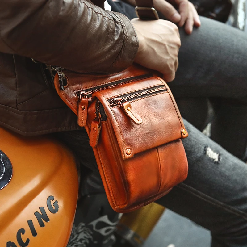 Quality Leather Men Multifunction Design Small Messenger Bag Fashion Travel Belt Waist Pack Drop Leg Bag Pouch Male 211-4-l