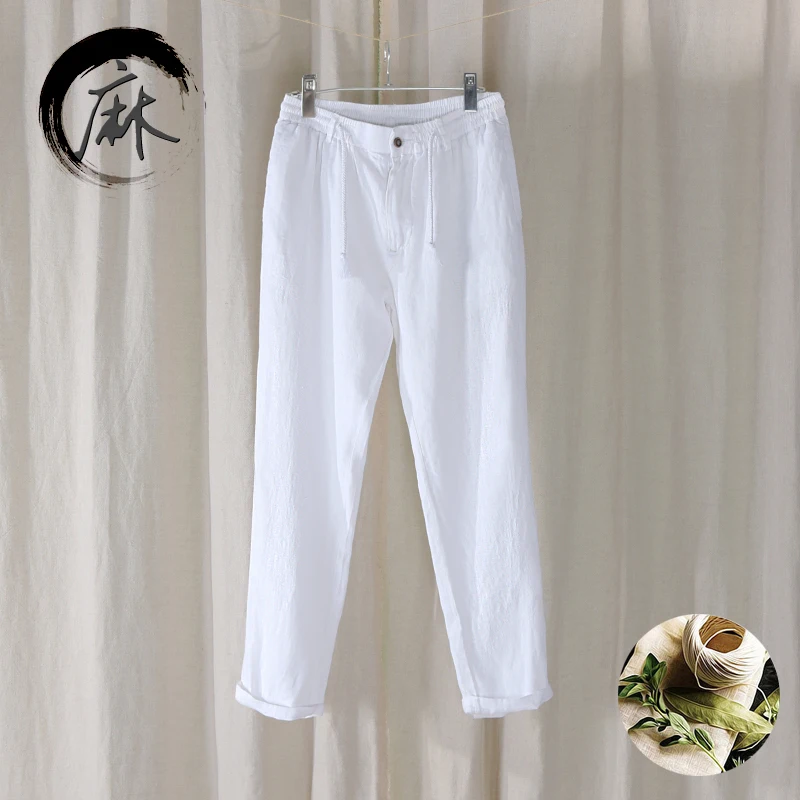 New Design Casual 100% Linen Long Pants Men Solid Fashion Brand Trousers For Men Elastic Waist Pantalones Pantaloni Un Pantalon