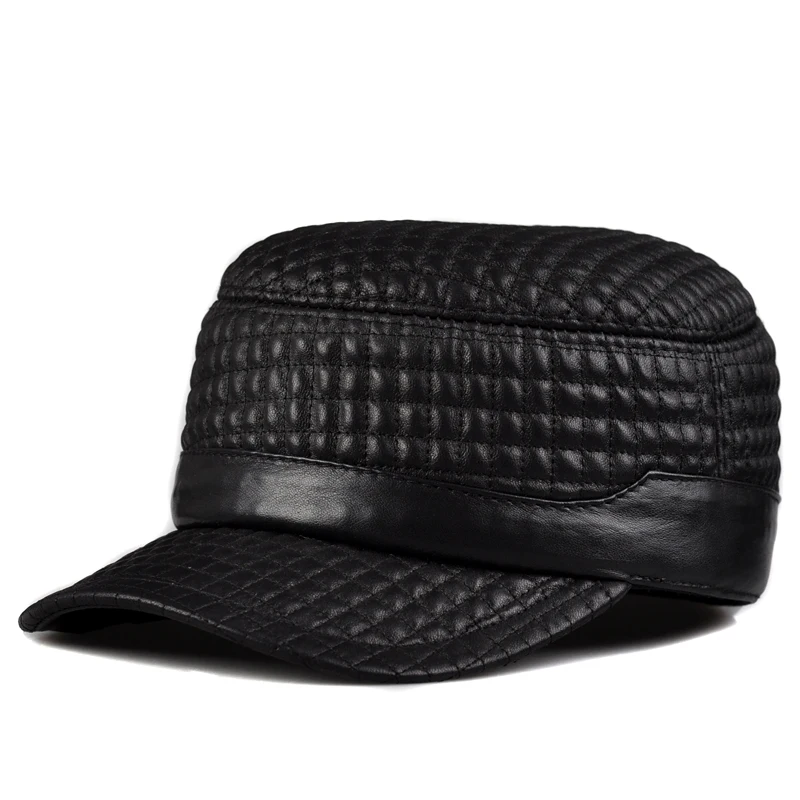 Men's Leather Hats Autumn/Winter Genuine Sheepskin Flat Top Military Caps Male Plaid/Check/Rectangle Embroidered Warm Gorras
