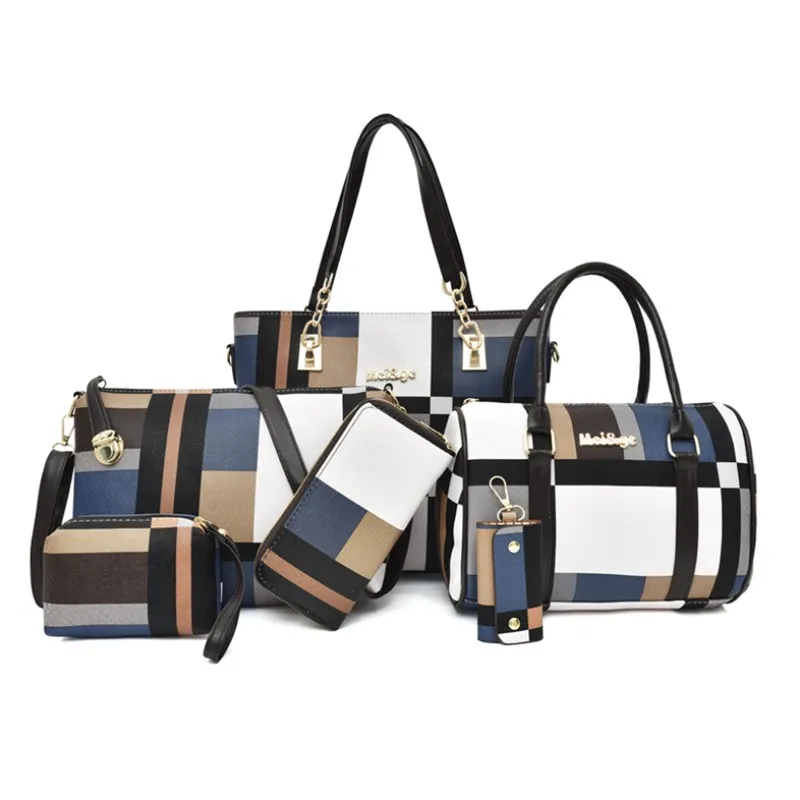 Fashion Luxury Women Large Capacity 6 In1 Shoulder Bag PU Leather Female Plaid Color 6 Pcs Set Retro Tote Handbag Messenger Bag