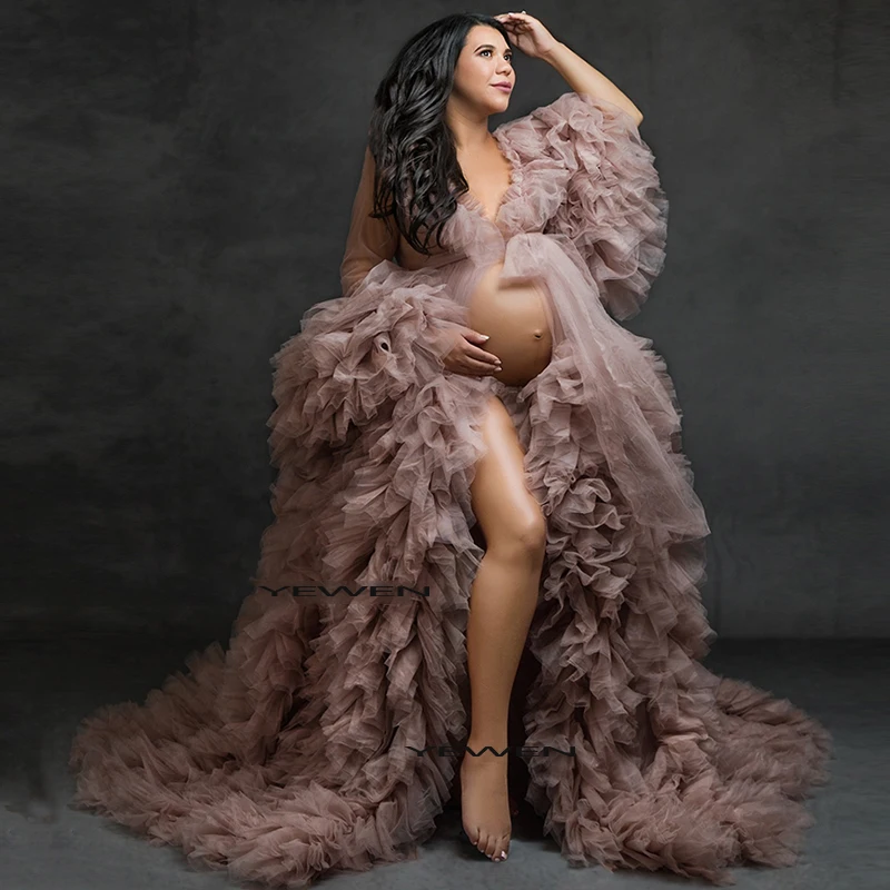 Elegant Long Sleeve Ruffles Tulle Maternity Dress for Photo Shoot Tulle Gown for Pregnancy Photography Baby Shower Dresses YEWEN