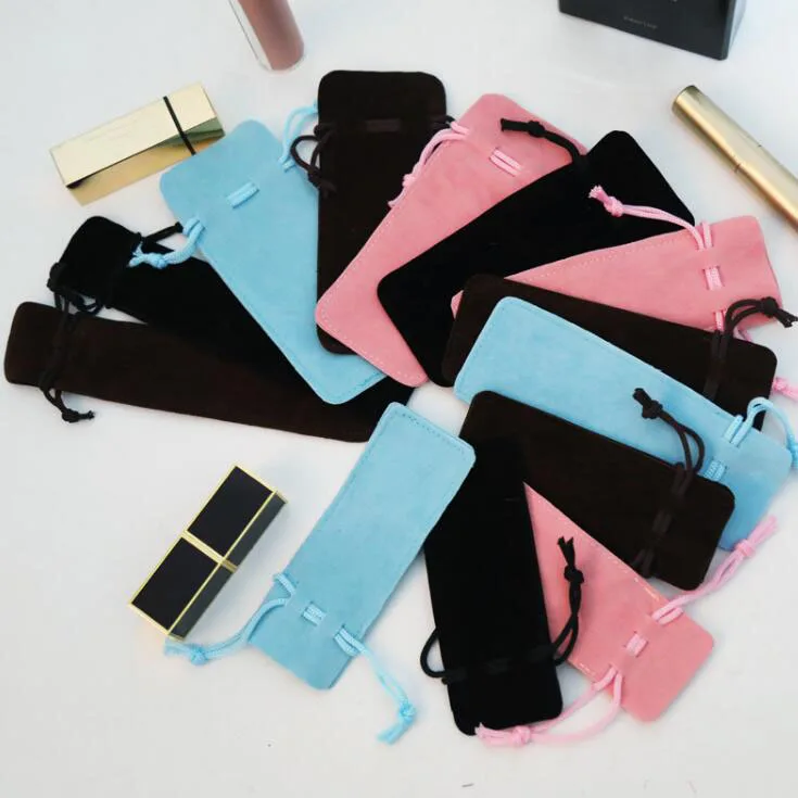 100pcs/lot Double-sided Velvet Lipstick Pouches Pen Bags Drawstring Gift Bags Custom Logo Wholesale 3.5x17 4.5x12 5x14 6x14cm