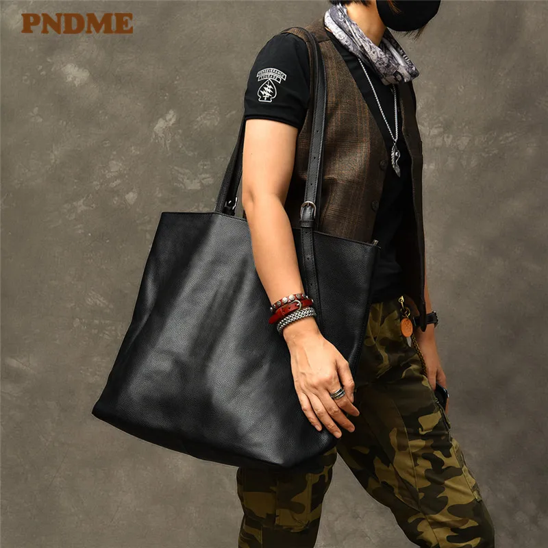 PNDME New Genuine Leather Large Capacity Men's Tote Bag Fashion Casual Simple High Quality Soft Cowhide Black Shoulder Handbags