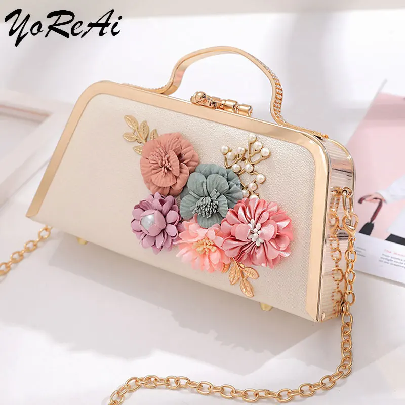 YoReAi Evening Bags Women Clutch Bag High-end Leather Evening Wedding Bridal Handbag Pearl Flower Fashion Chain Party Packs