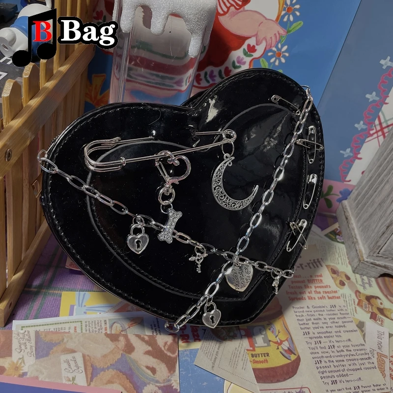 Y2K Subculture Retro Gothic Sweet Lolita Heart-shaped Messenger Bags Harajuku Spice Girl Pu Handbag Shoulder bag