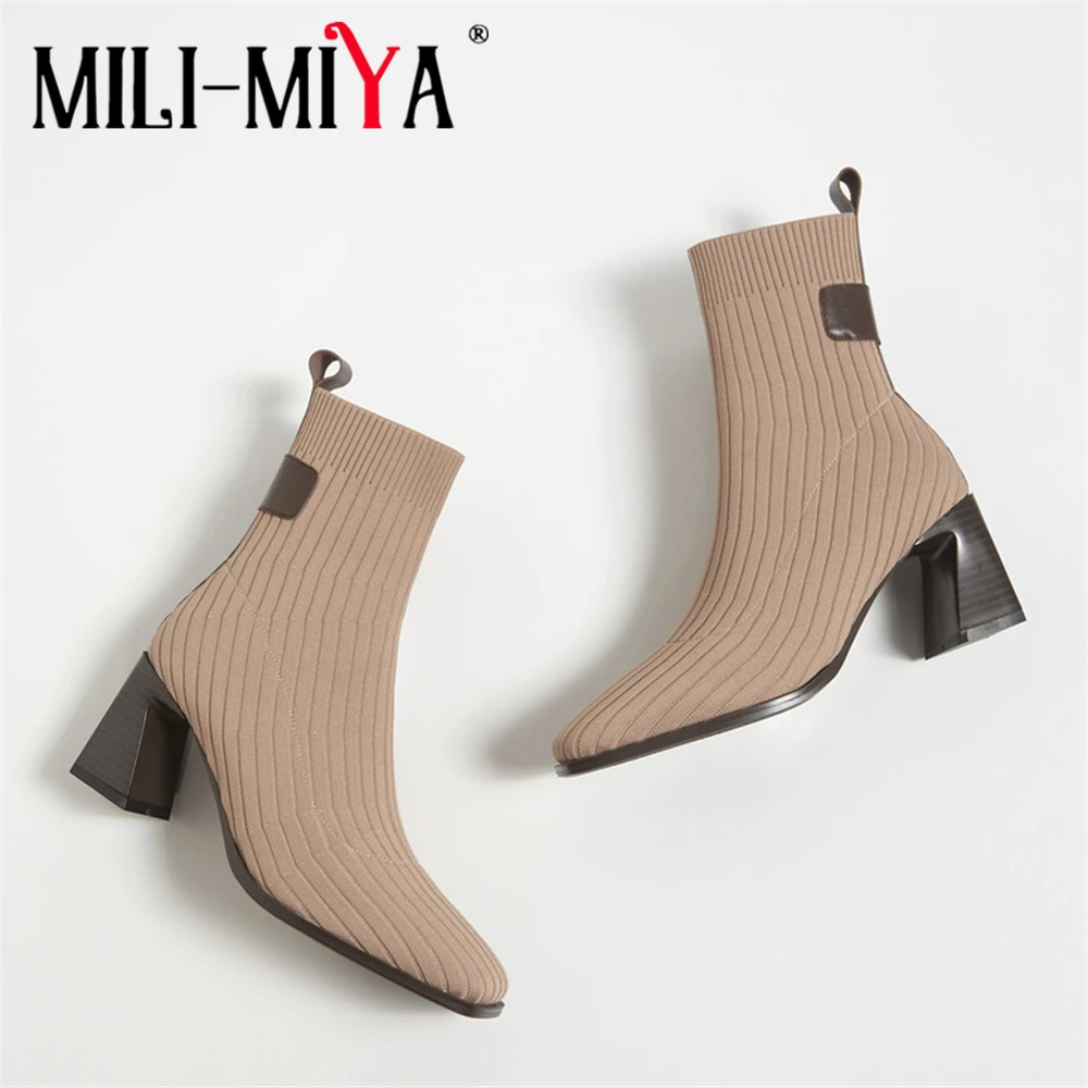 MILI-MIYA Fashion Kitting Cow Leather Women Slip On Ankle Boots Square Toe Solid Color Hoof Heels Plus Size 34-41 For Ladies