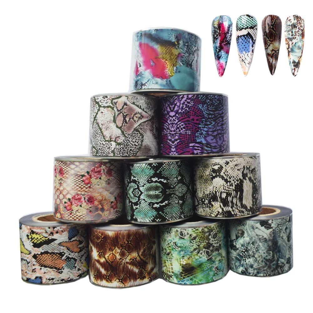 10Roll Nail Foil Snake Leopard Starry Paper Nail Art Transfer Sticker 50m*4cm Holographic Slider Decal Accessories