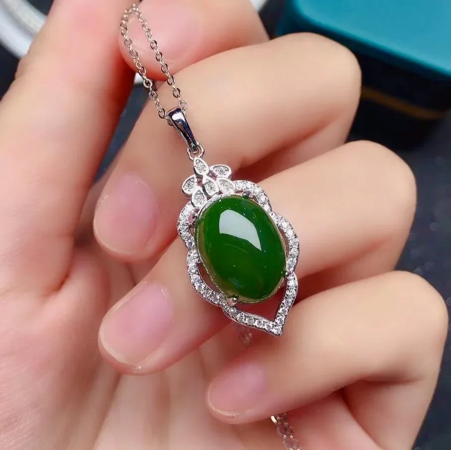Chinese Style Green Jade Pendant for Party 10mm*14mm 6ct Natural Jade Necklace Pendant Solid 925 Silver Jade Jewelry